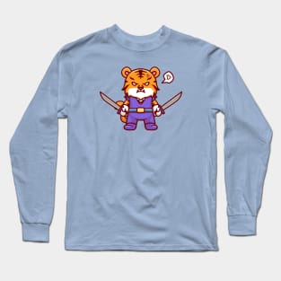 Cute Tiger Warrior Holding Sword Cartoon Long Sleeve T-Shirt